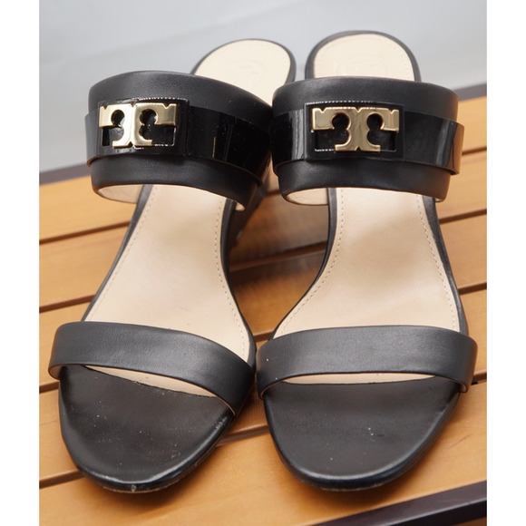 Tory Burch Women’s Black Leather Slide Wedges SZ 9 - Picture 3 of 16